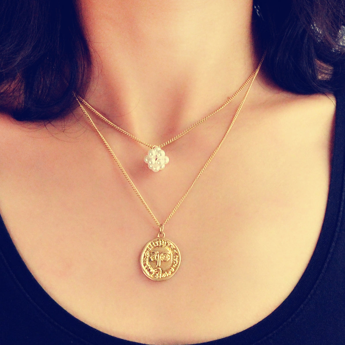 Personality Jewelry Double layer Gold Chain Pearl Ball Face Round Charm Necklace-0