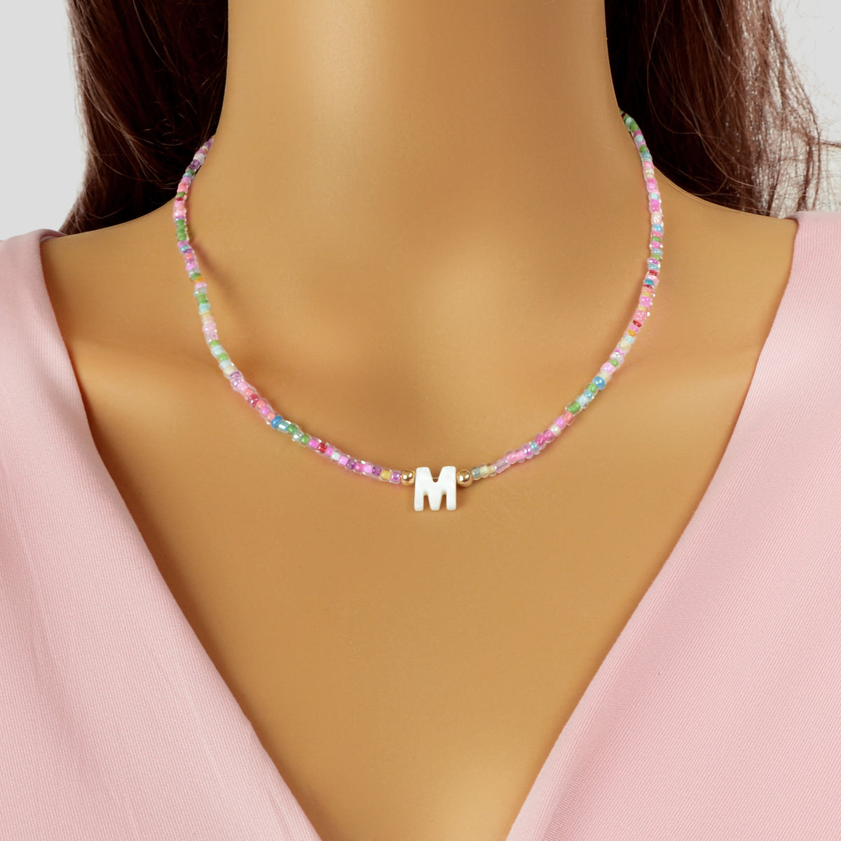 Bohemian Handmade Rainbow Seed Beaded Hawaiian Letter M Necklace Beach Jewellery-0