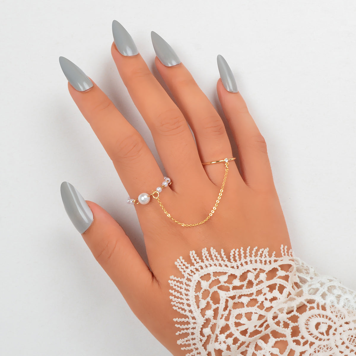 Pearl Punk Stackable Knuckle Chain Tassel Double Finger Midi Rings-0