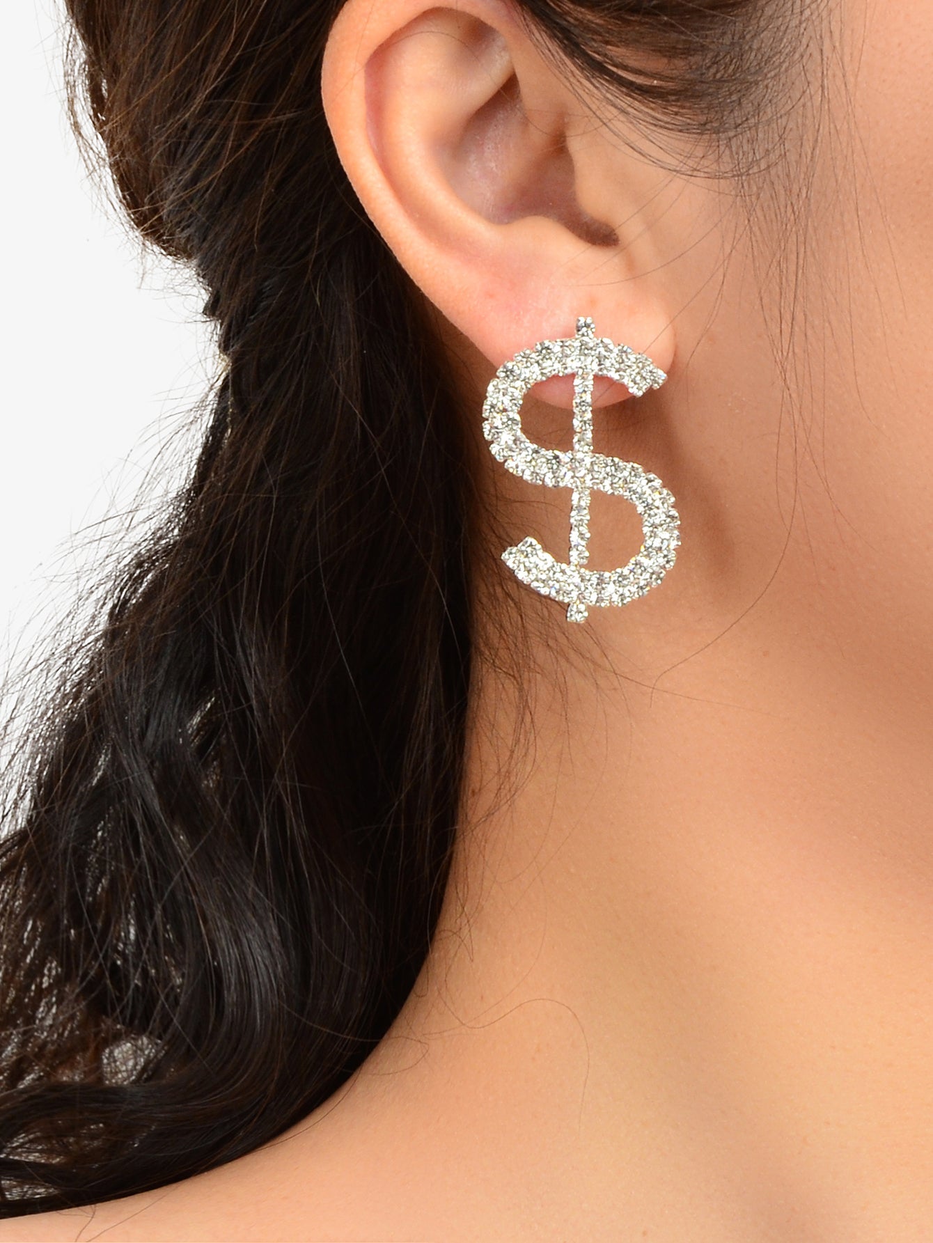 Sparkling Full Rhinestone Decoration Silver Dollar Sign Stud Earrings Lady Gift-1