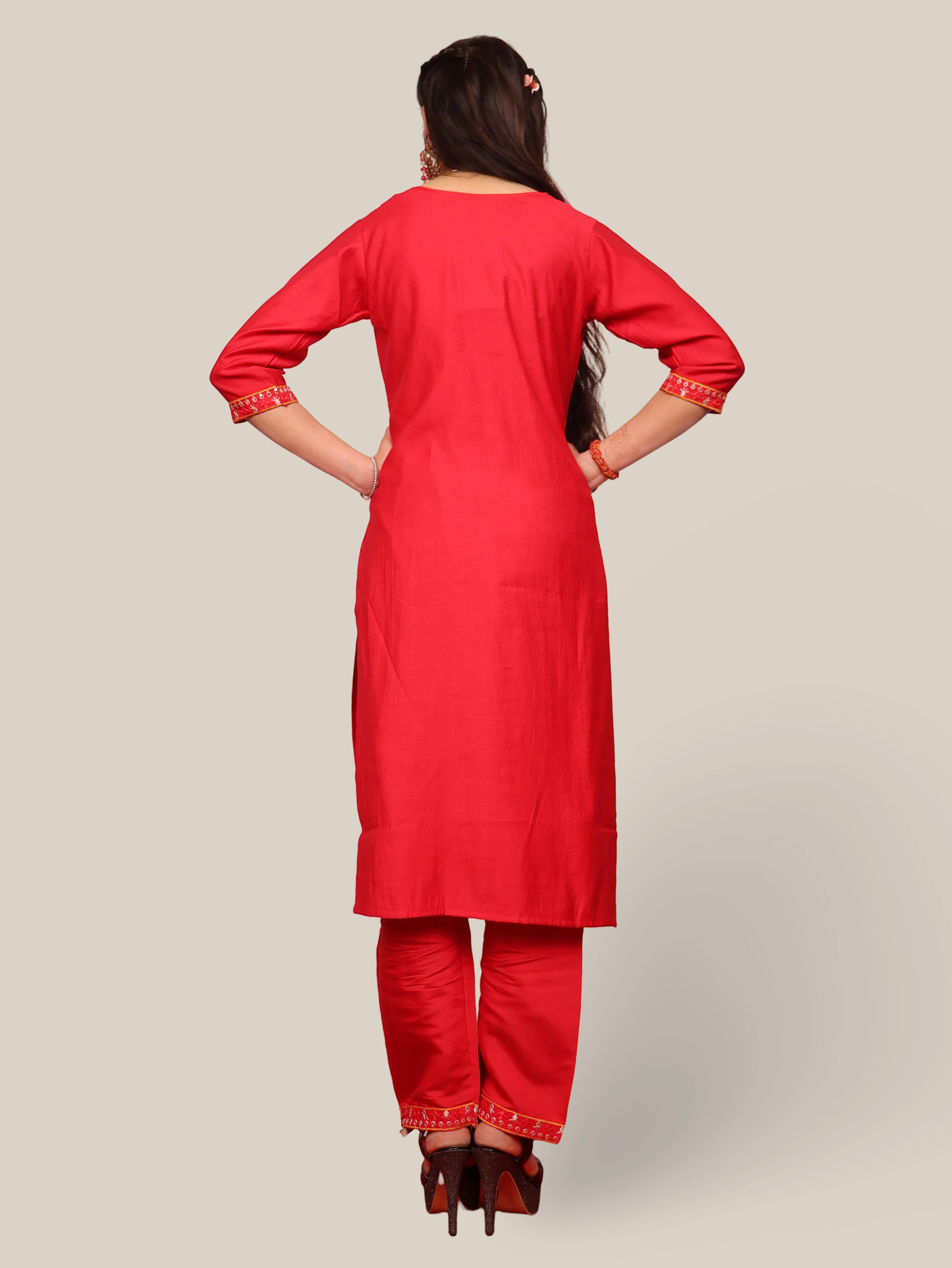 Rayon-Cotton Embroidered Straight Kurti Set with Pant and Dupatta