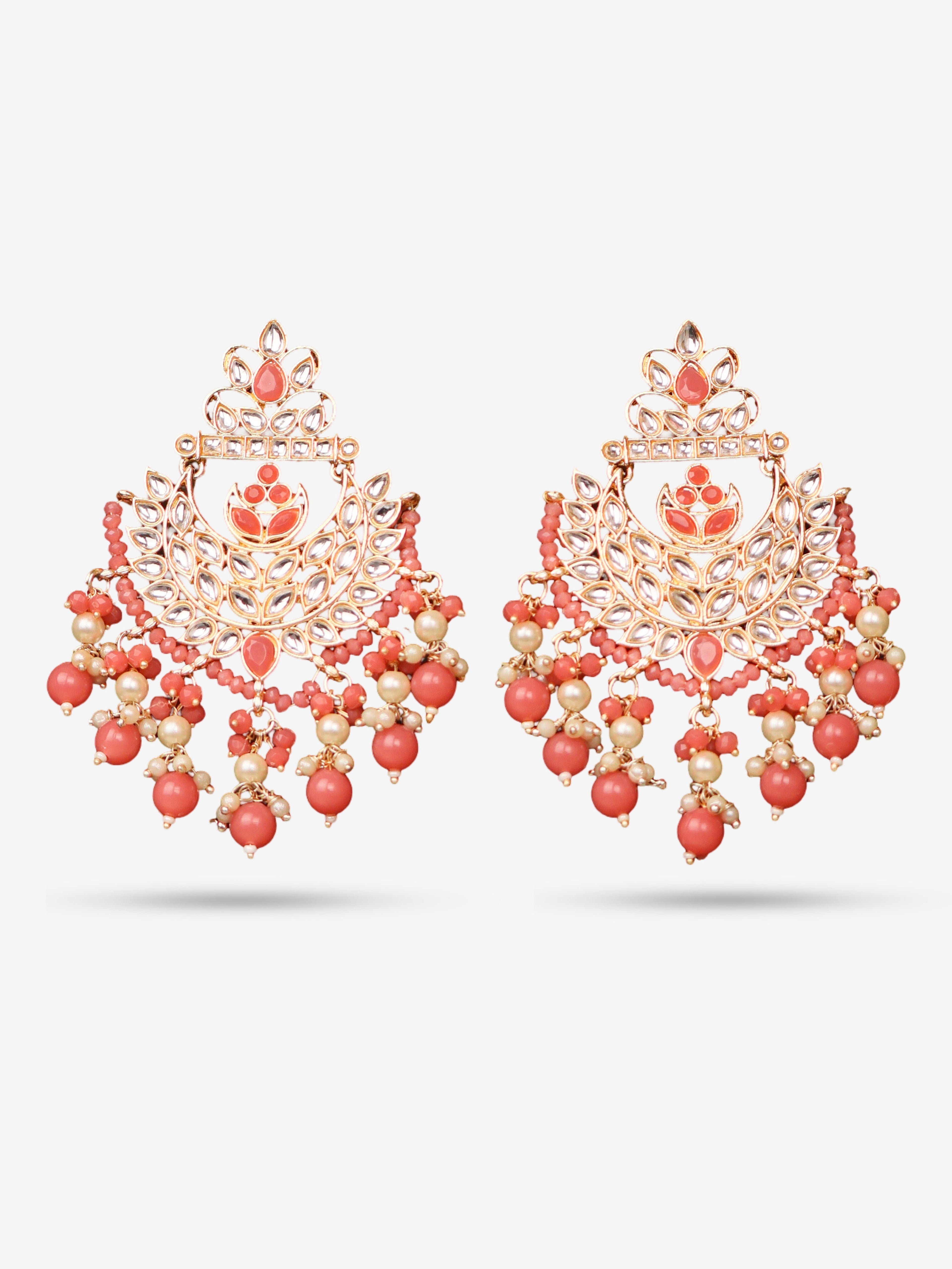 Kundan & Pearl Drop Earrings with Textured Detailing for Women by Shreekama