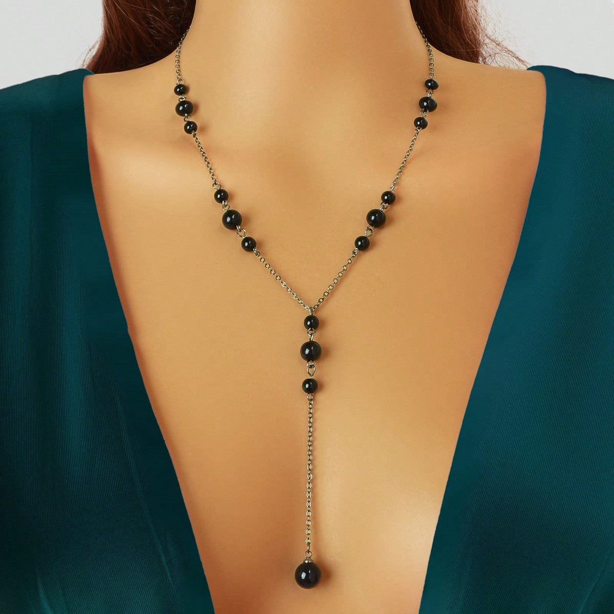 Pearl Decoration Long Gold Chain Y Shape Pendant Clavicle Necklace Teens Collar-6