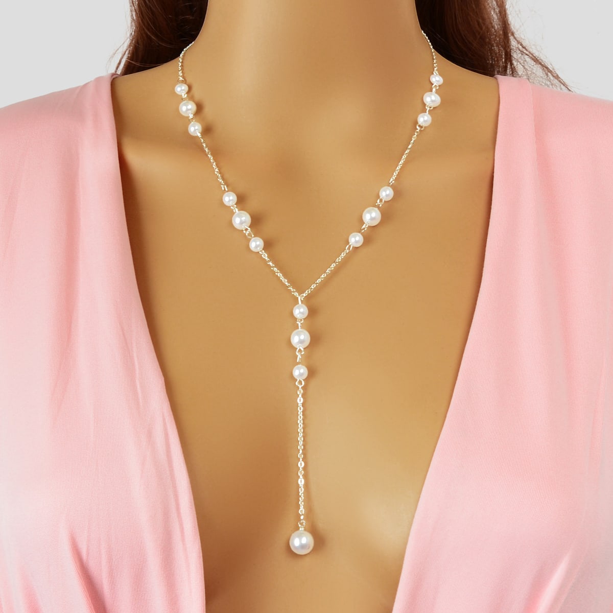 Pearl Decoration Long Gold Chain Y Shape Pendant Clavicle Necklace Teens Collar-5