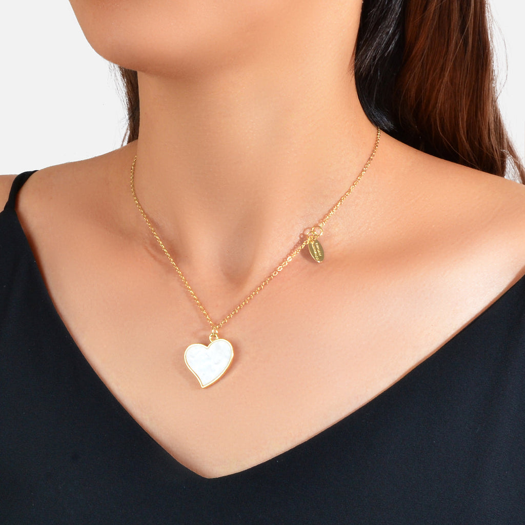 Ladies Jewellery Gold Chain Geometric Charm White Eanmel Heart Pendant Necklace-0