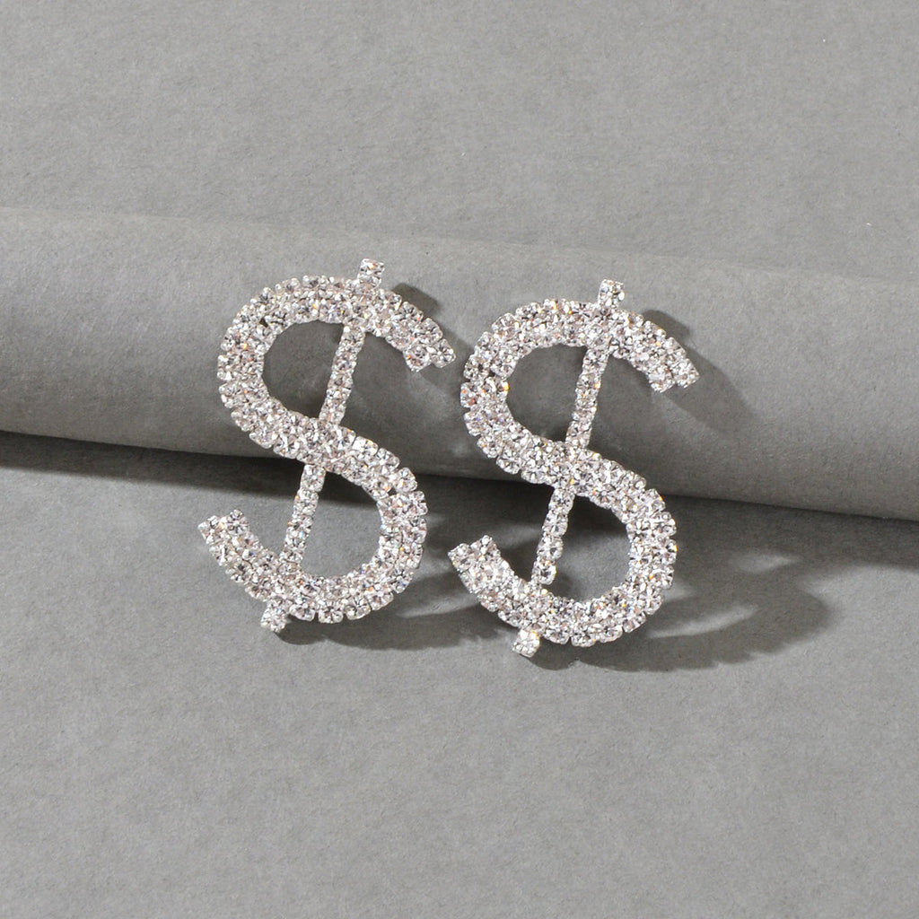Sparkling Full Rhinestone Decoration Silver Dollar Sign Stud Earrings Lady Gift-0
