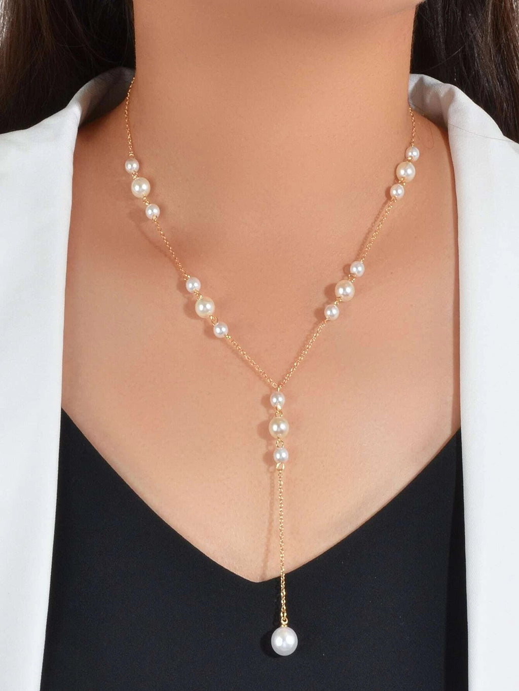 Pearl Decoration Long Gold Chain Y Shape Pendant Clavicle Necklace Teens Collar-0