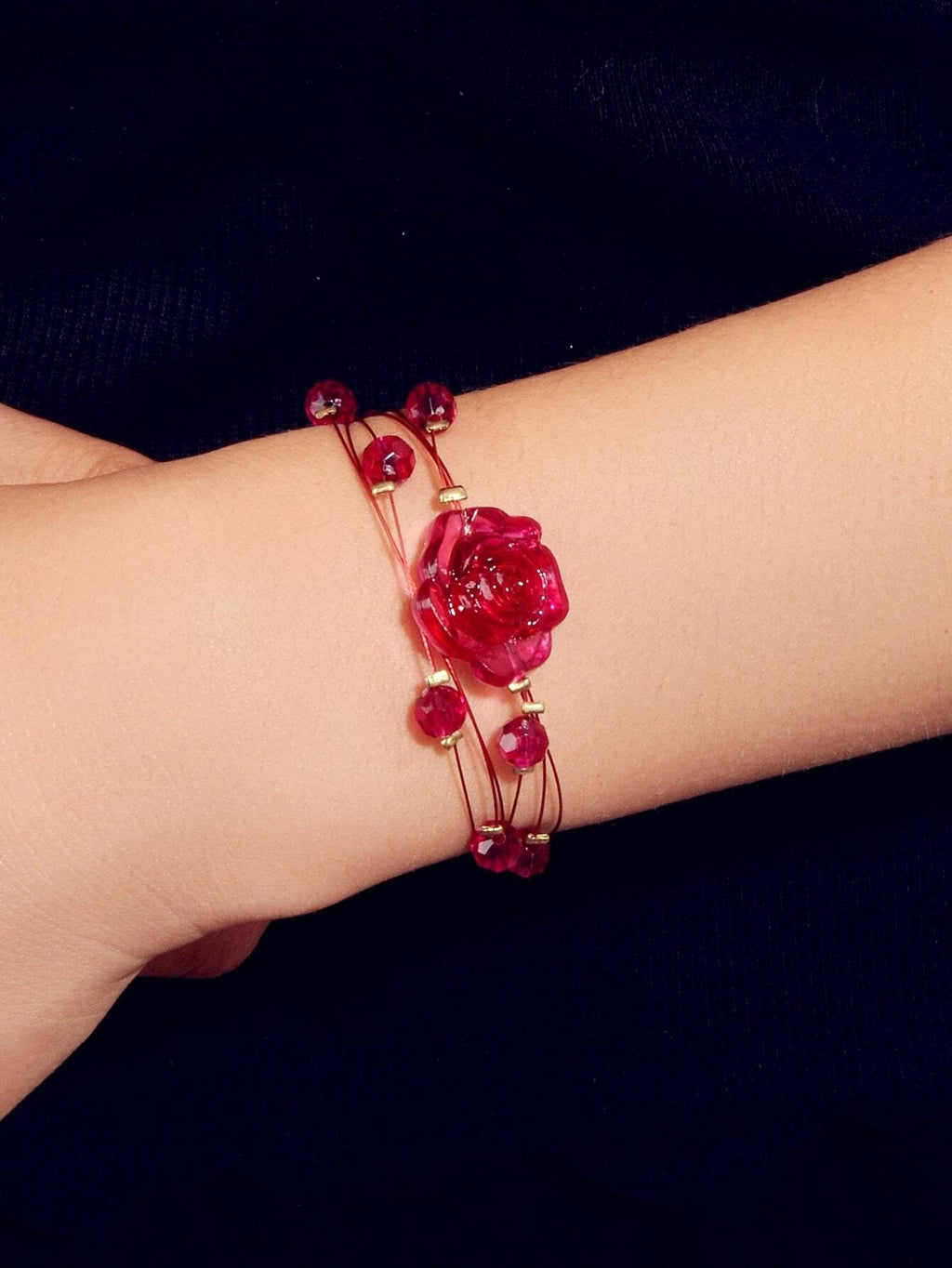 Fashion Jewellery Multi-layer Beads Chain Resin Red Rose Flower Women Bracelet-0