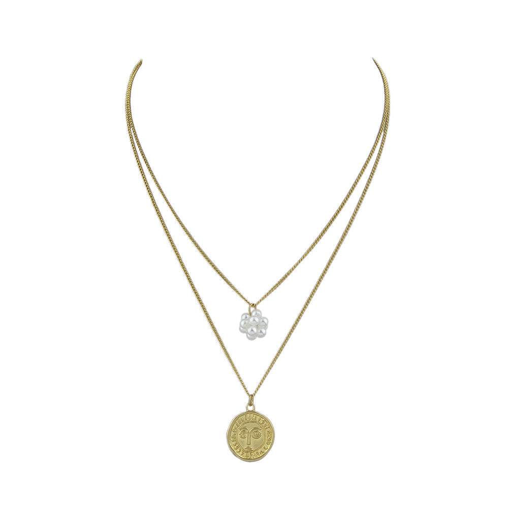 Personality Jewelry Double layer Gold Chain Pearl Ball Face Round Charm Necklace-1