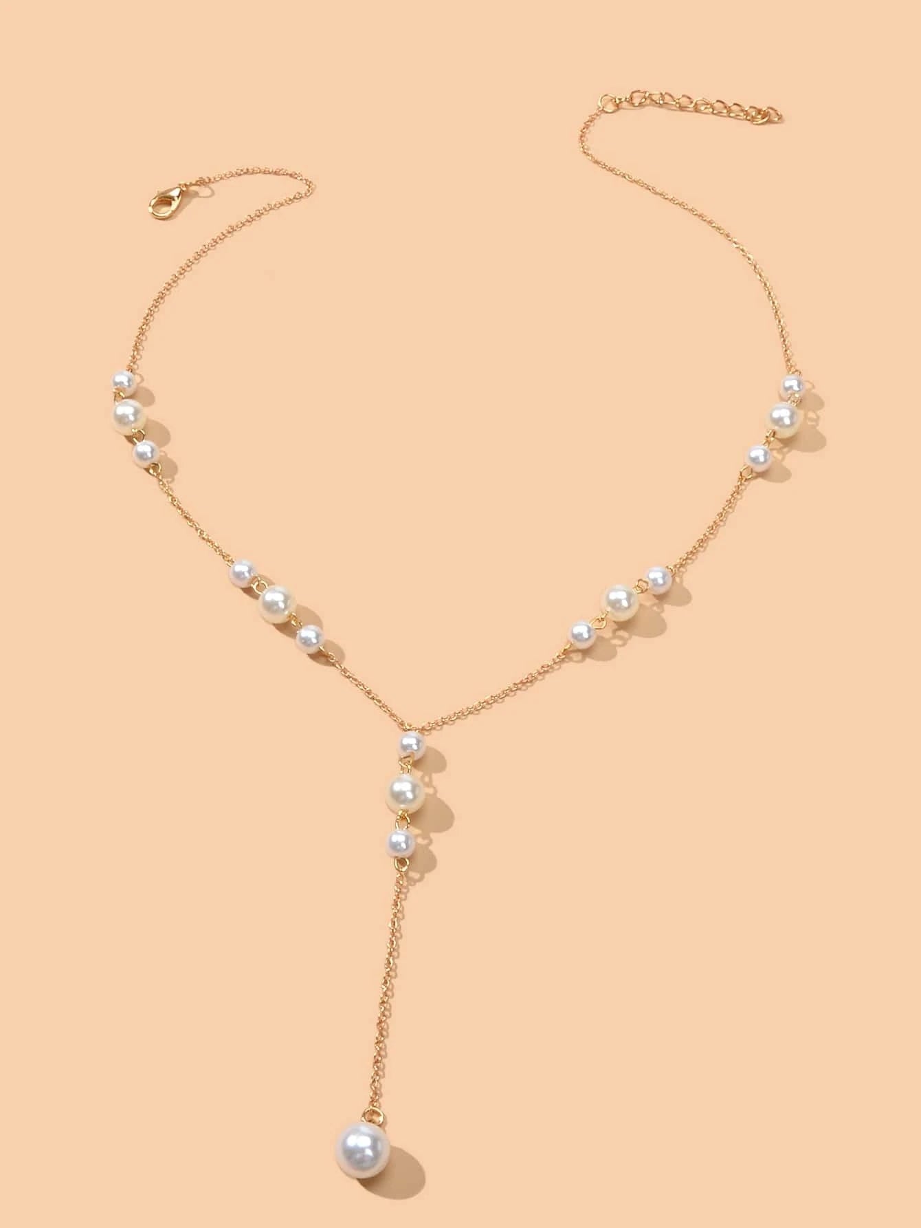 Pearl Decoration Long Gold Chain Y Shape Pendant Clavicle Necklace Teens Collar-1