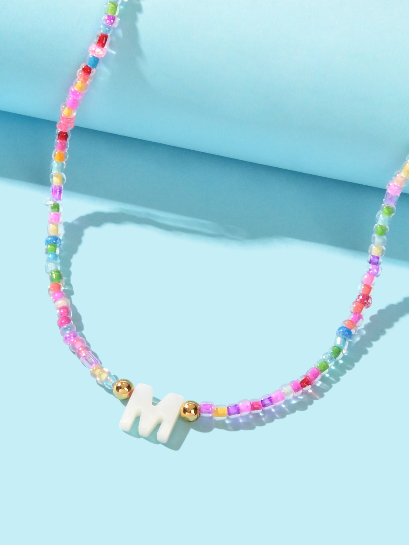 Bohemian Handmade Rainbow Seed Beaded Hawaiian Letter M Necklace Beach Jewellery-2