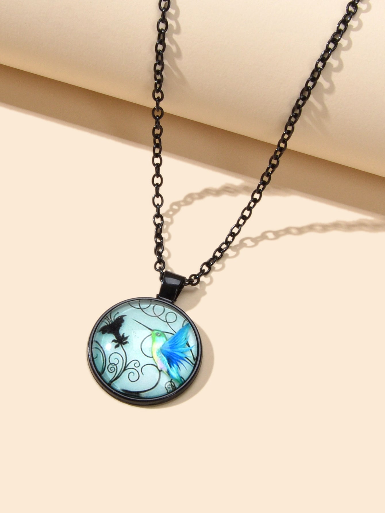 Vintage Retro Jewelry Black Chain Bird Pattern Round Charm Necklace Accessories-2