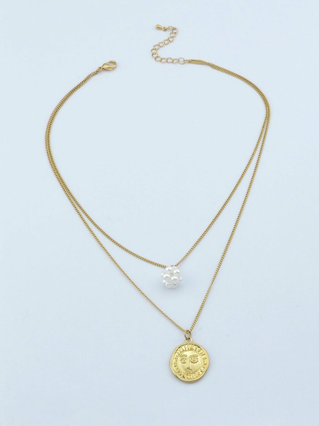 Personality Jewelry Double layer Gold Chain Pearl Ball Face Round Charm Necklace-2