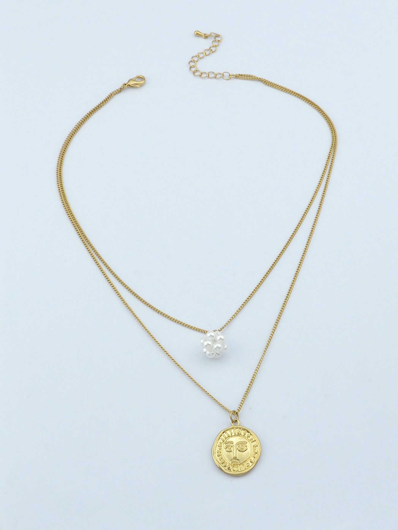 Personality Jewelry Double layer Gold Chain Pearl Ball Face Round Charm Necklace-2