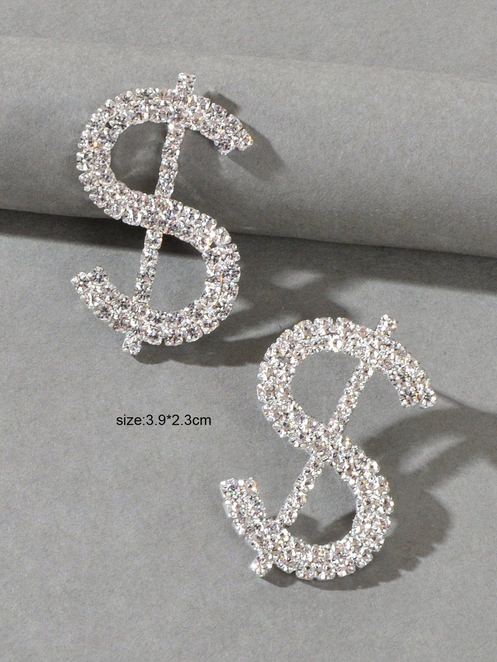 Sparkling Full Rhinestone Decoration Silver Dollar Sign Stud Earrings Lady Gift-2