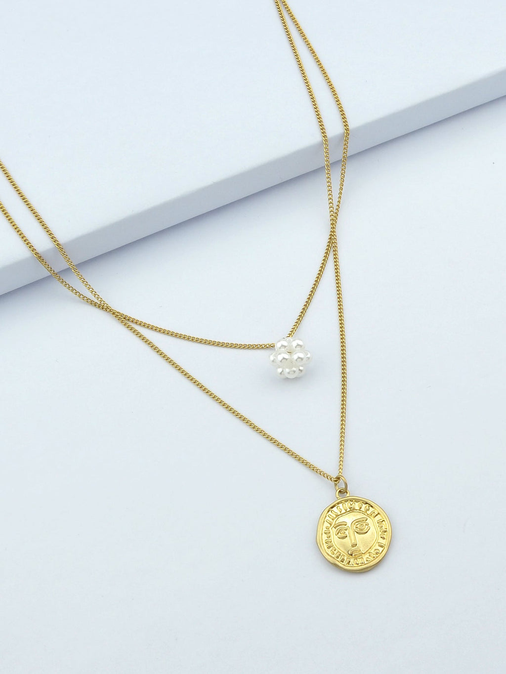 Personality Jewelry Double layer Gold Chain Pearl Ball Face Round Charm Necklace-3