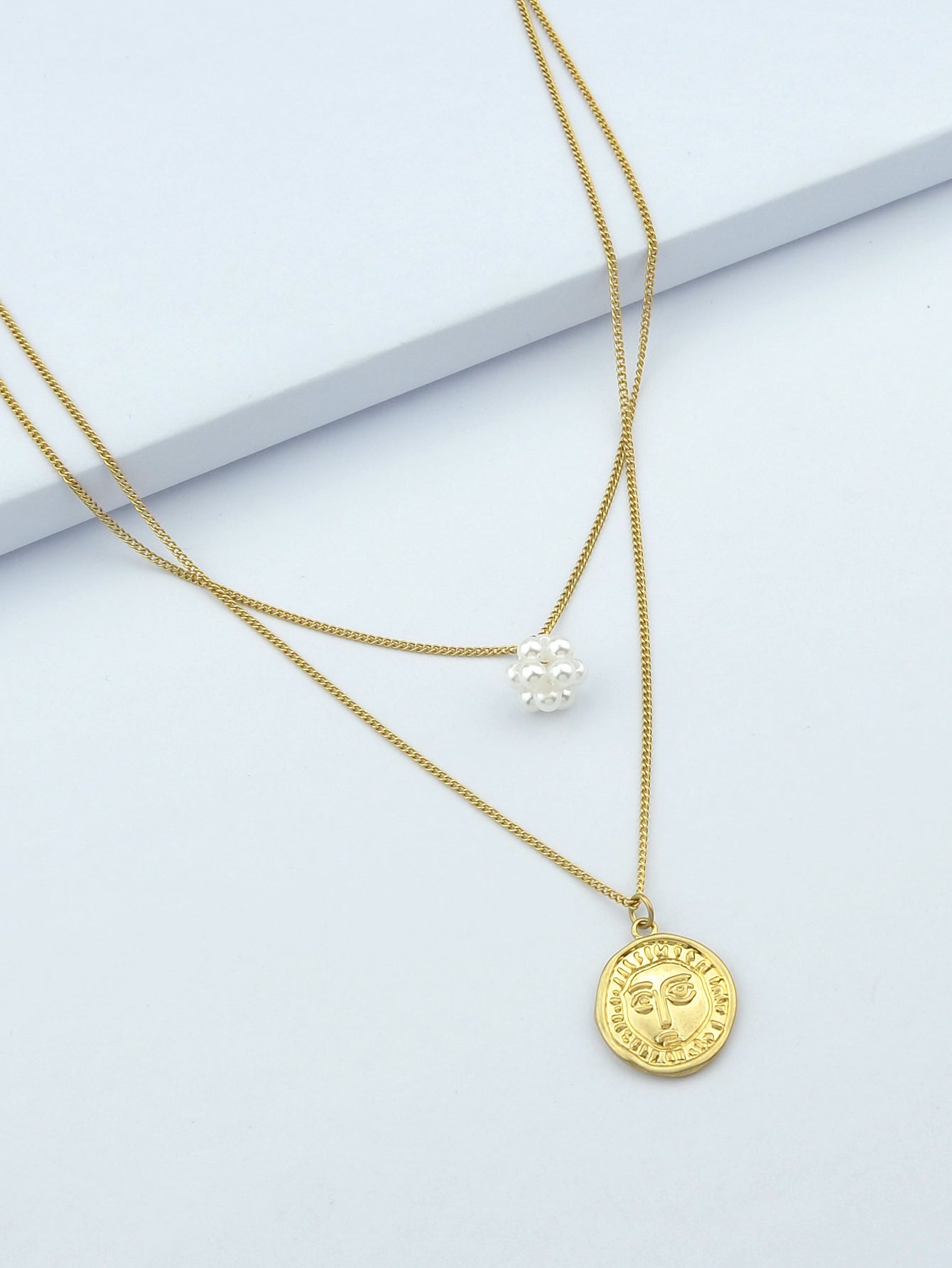 Personality Jewelry Double layer Gold Chain Pearl Ball Face Round Charm Necklace-3
