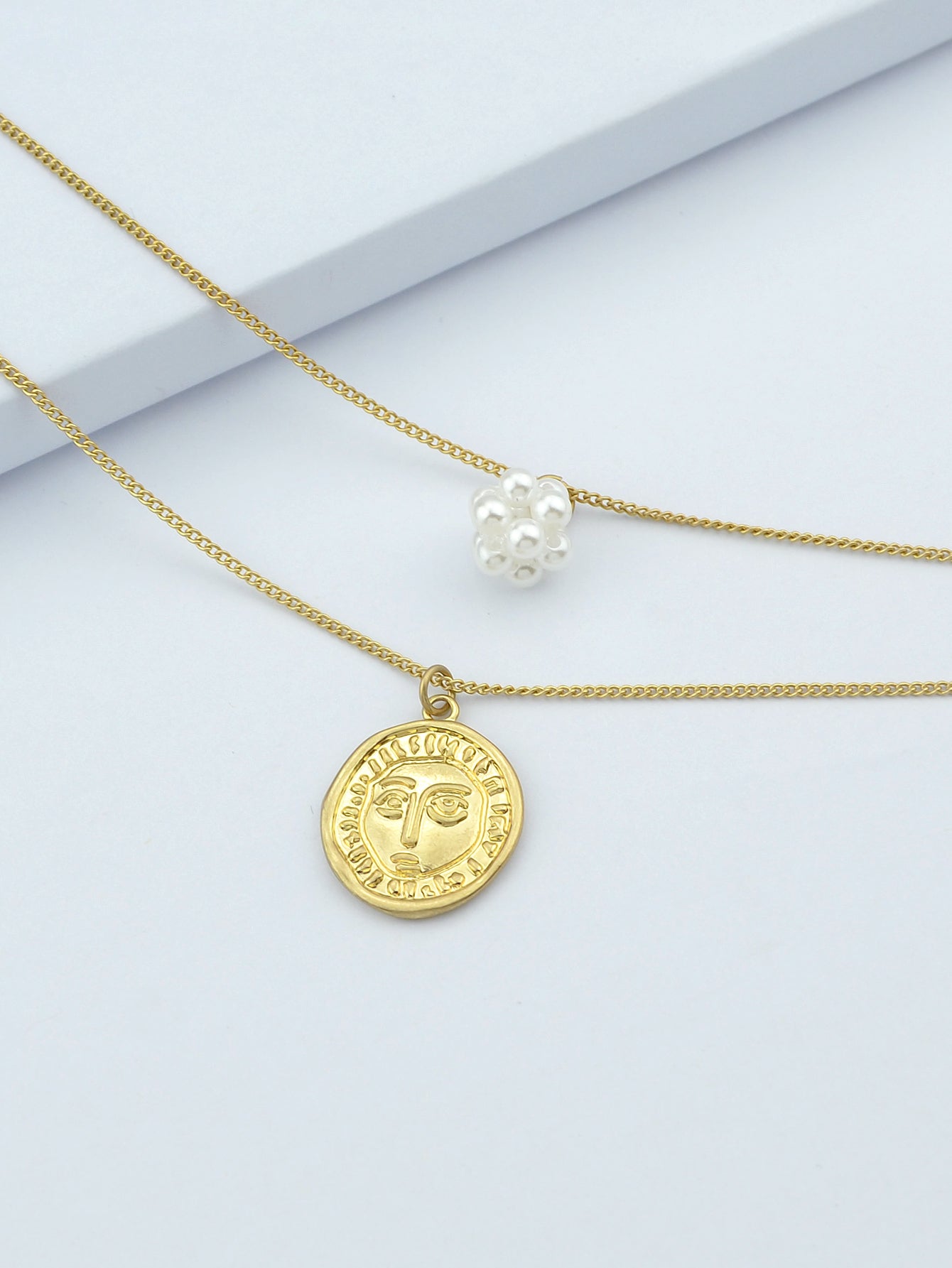 Personality Jewelry Double layer Gold Chain Pearl Ball Face Round Charm Necklace-4