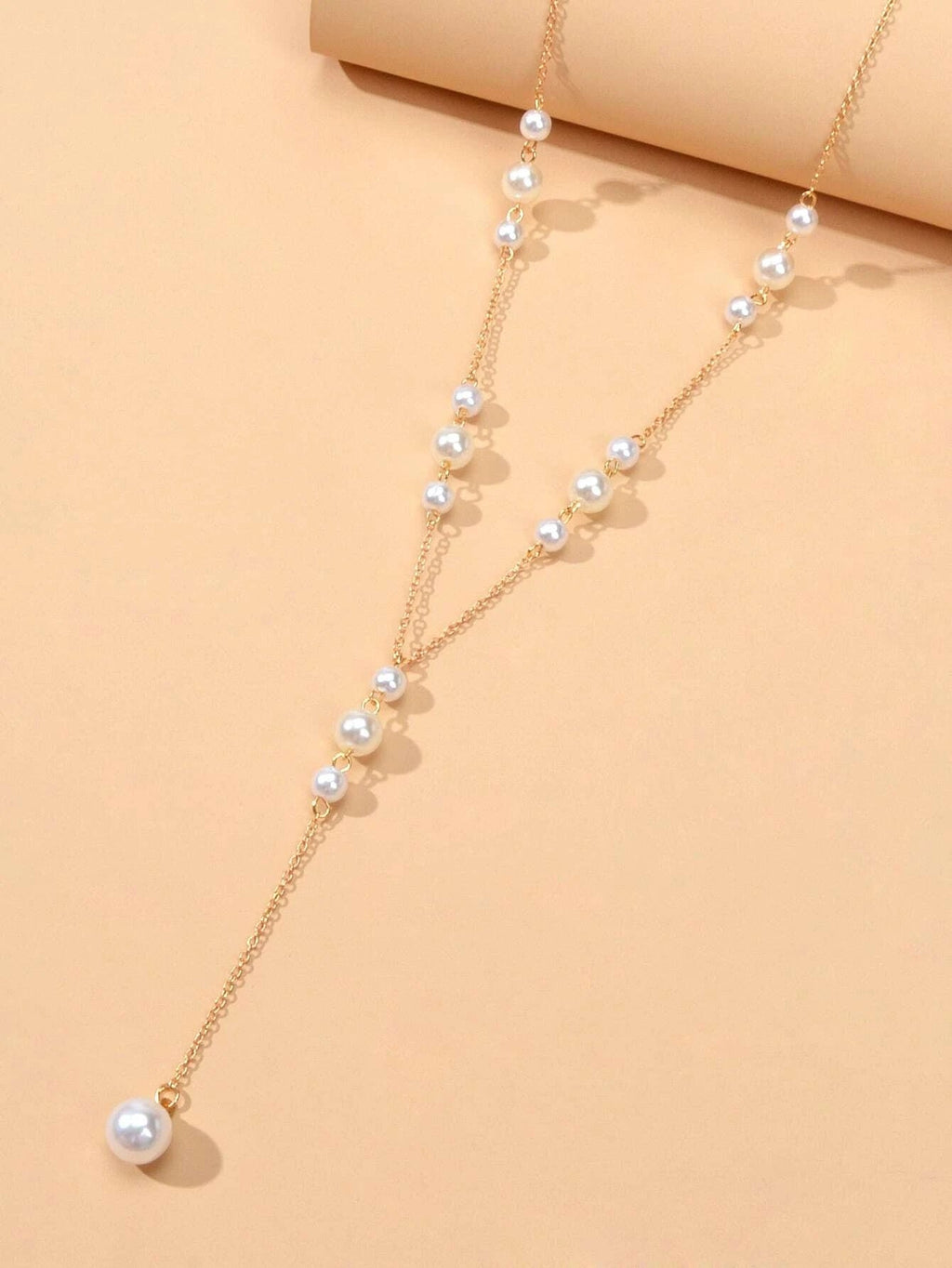Pearl Decoration Long Gold Chain Y Shape Pendant Clavicle Necklace Teens Collar-4