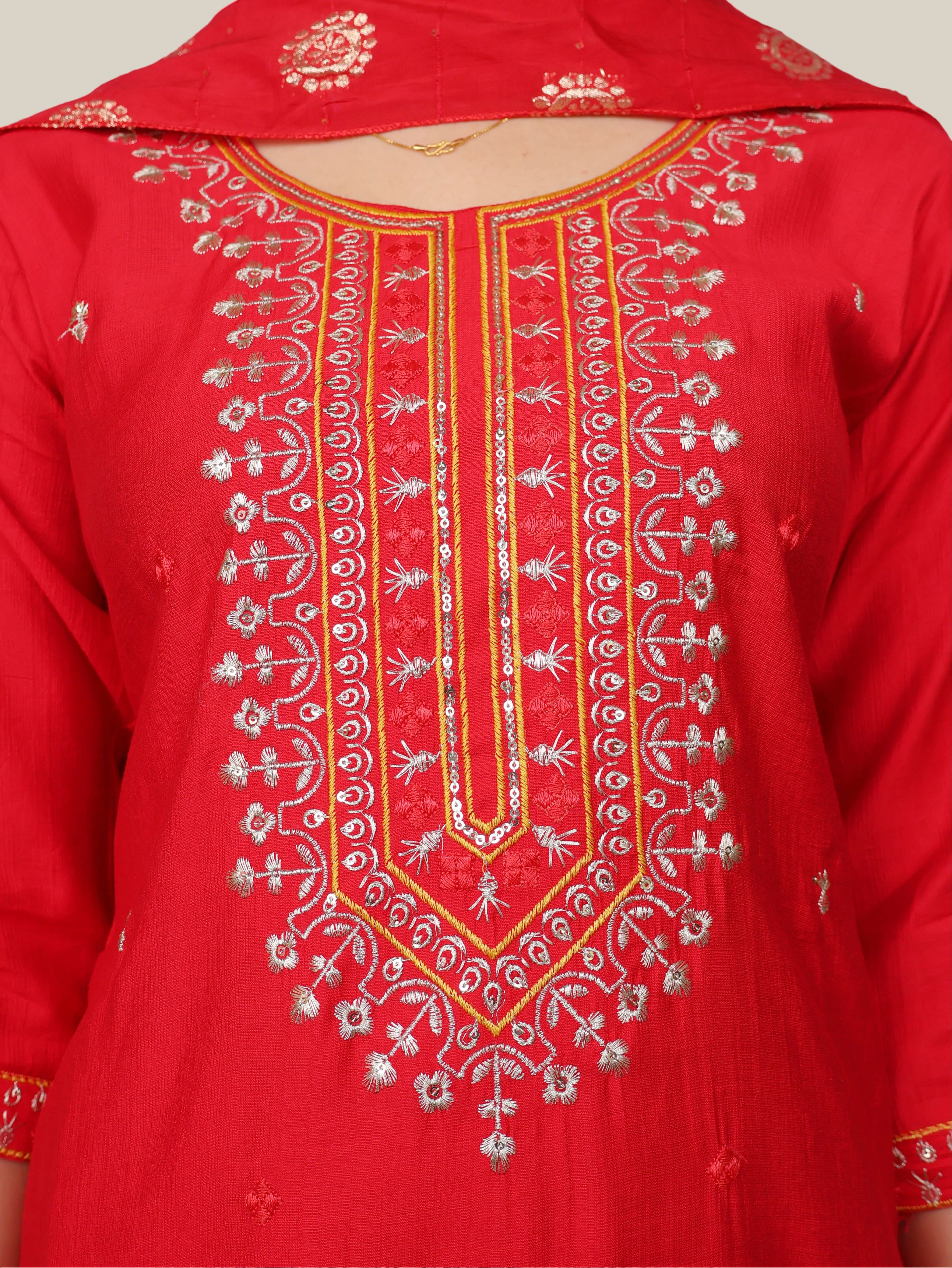 Rayon-Cotton Embroidered Straight Kurti Set with Pant and Dupatta