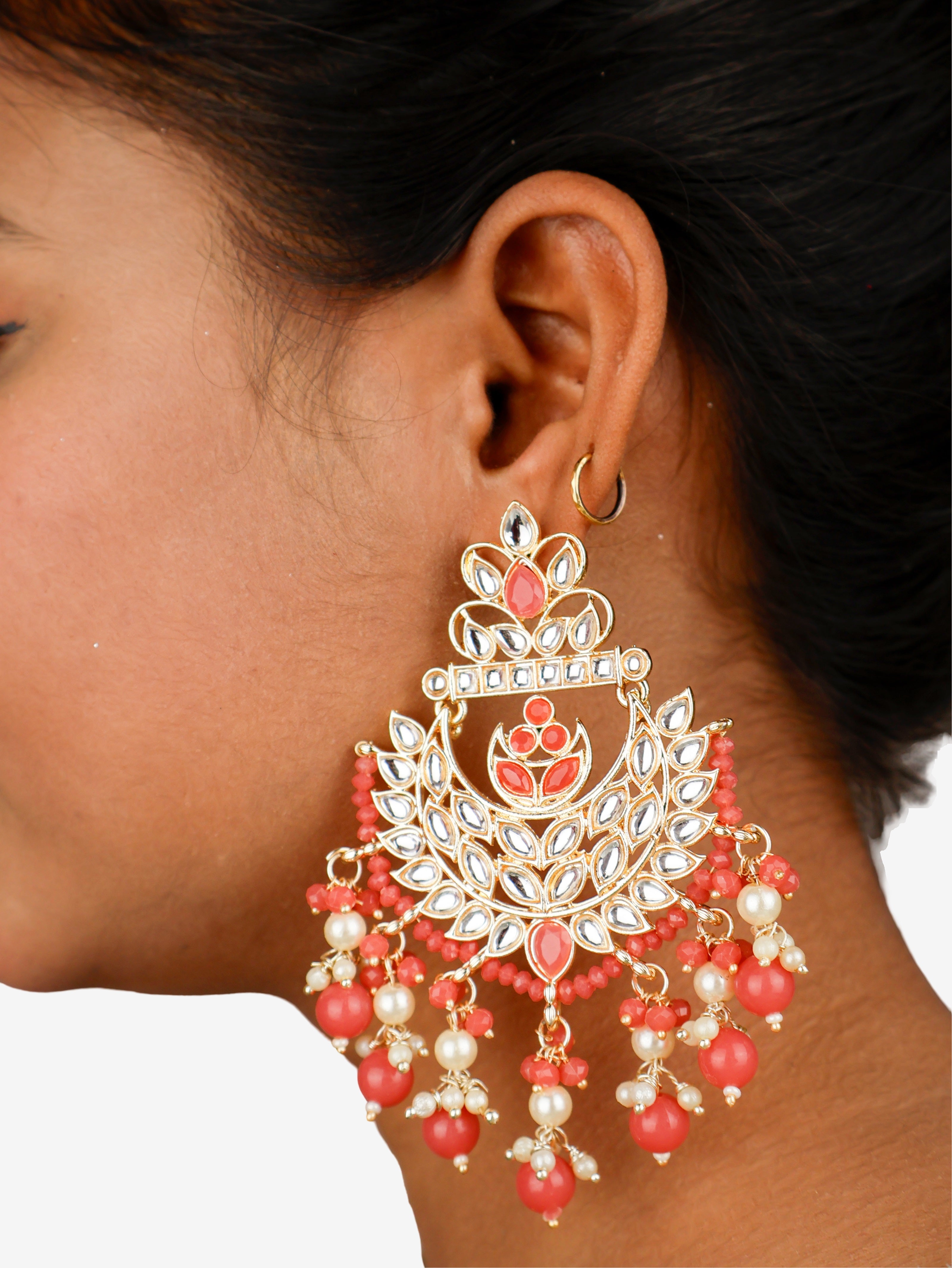 Kundan & Pearl Drop Earrings with Textured Detailing for Women by Shreekama