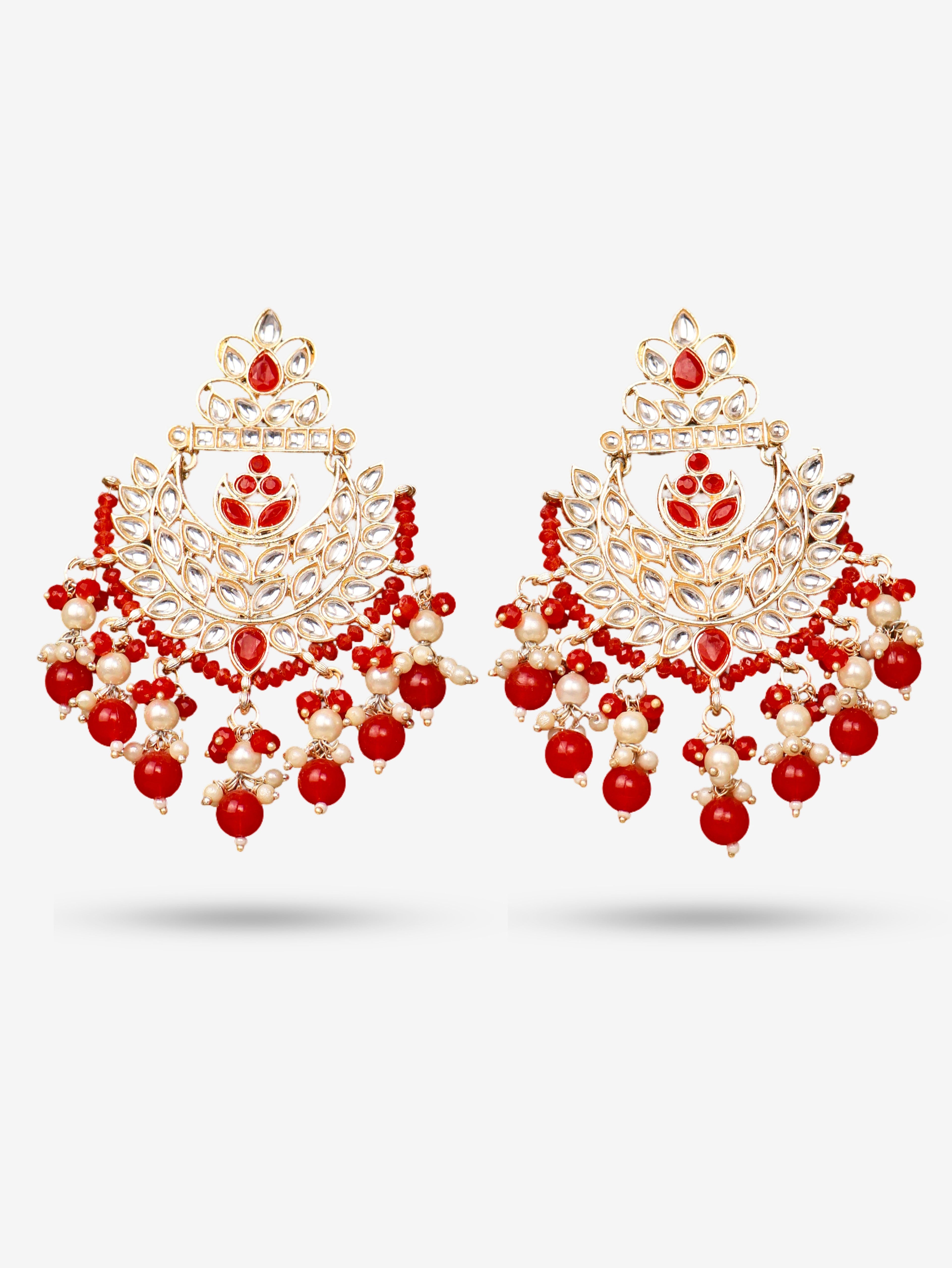 Kundan & Pearl Drop Earrings with Textured Detailing for Women by Shreekama
